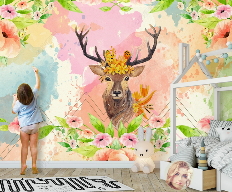 3D Animal Elk Floral Wall Mural Wallpaper YXL 1239