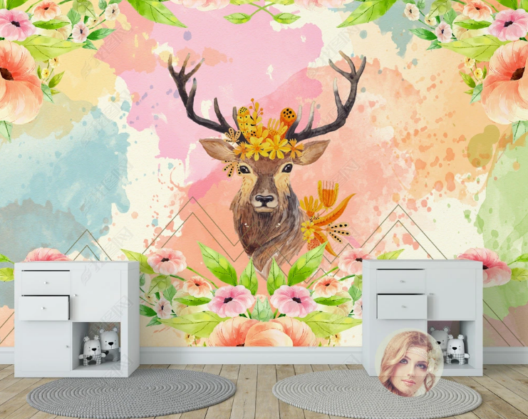 3D Animal Elk Floral Wall Mural Wallpaper YXL 1239