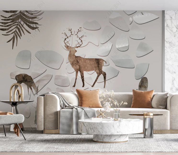 3D Animal Elk Marble Leaf Wall Mural Wallpaper YXL 1259