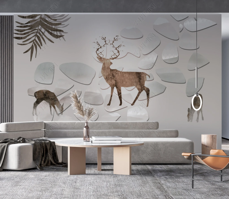 3D Animal Elk Marble Leaf Wall Mural Wallpaper YXL 1259