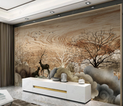 3D Animal Elk Bird Desert Tree Wall Mural Wallpaper YXL 1274