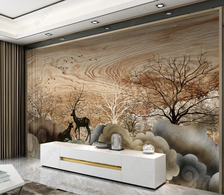 3D Animal Elk Bird Desert Tree Wall Mural Wallpaper YXL 1274