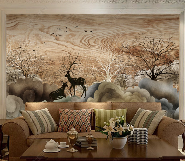 3D Animal Elk Bird Desert Tree Wall Mural Wallpaper YXL 1274