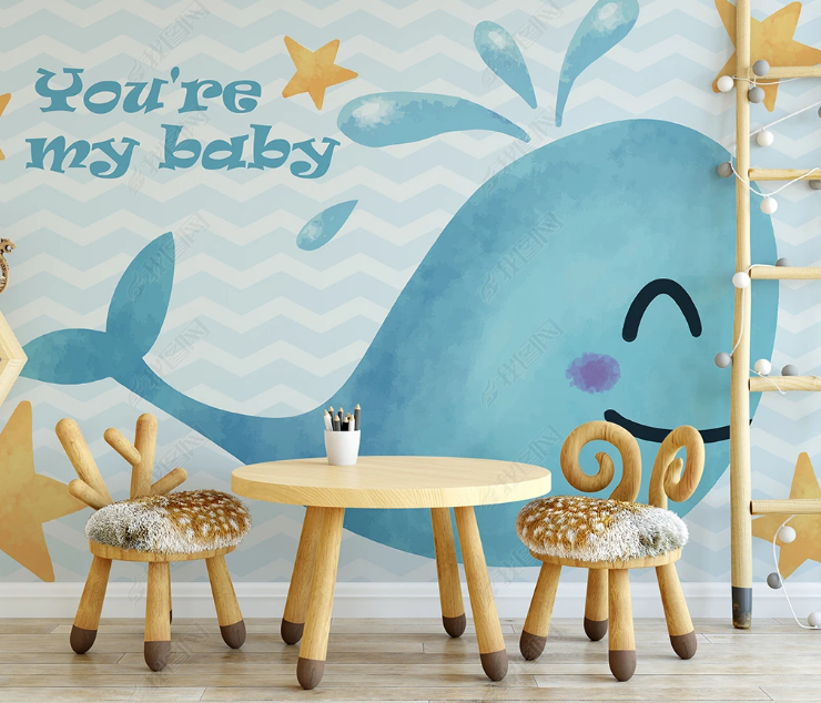 3D Cartoon Whale Letter Star Blue Wall Mural Wallpaper YXL 1290
