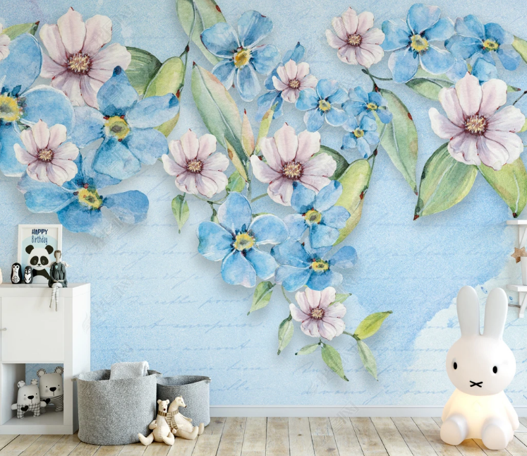 3D Flowers Leaf Blue Wall Mural Wallpaper YXL 1312