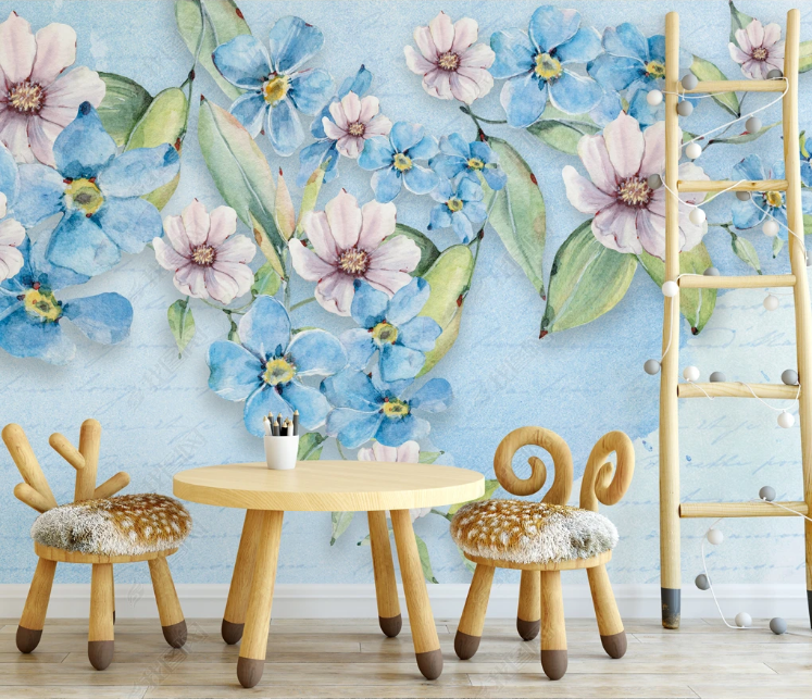 3D Flowers Leaf Blue Wall Mural Wallpaper YXL 1312