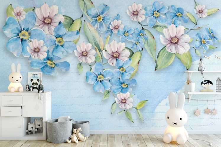 3D Flowers Leaf Blue Wall Mural Wallpaper YXL 1312