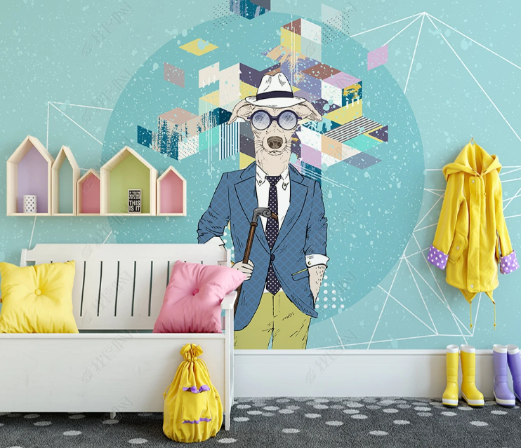 3D Cartoon Dog Triangle Parallelogram Wall Mural Wallpaper YXL 1326