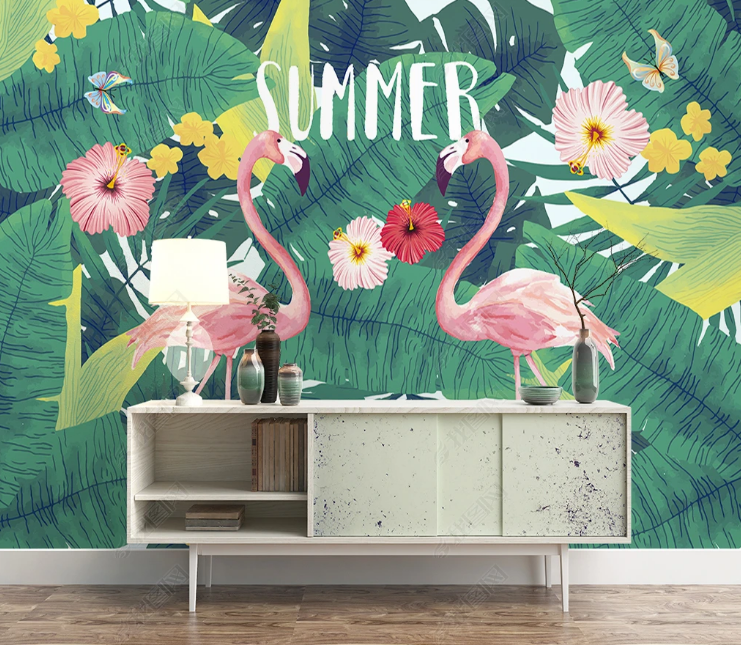 3D Animal Flamingo Selva Floral Wall Mural Wallpaper YXL 1335