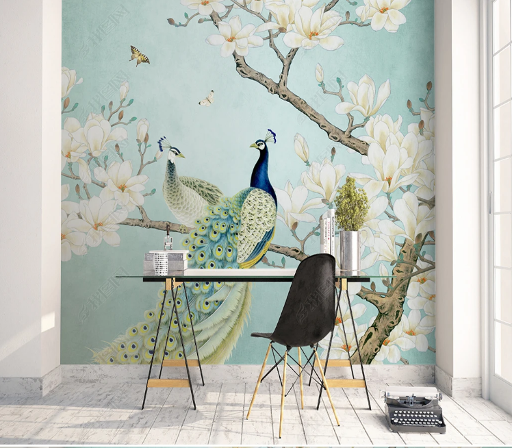 3D Animal Peacock Butterfly Tree Floral Wall Mural Wallpaper YXL 1342