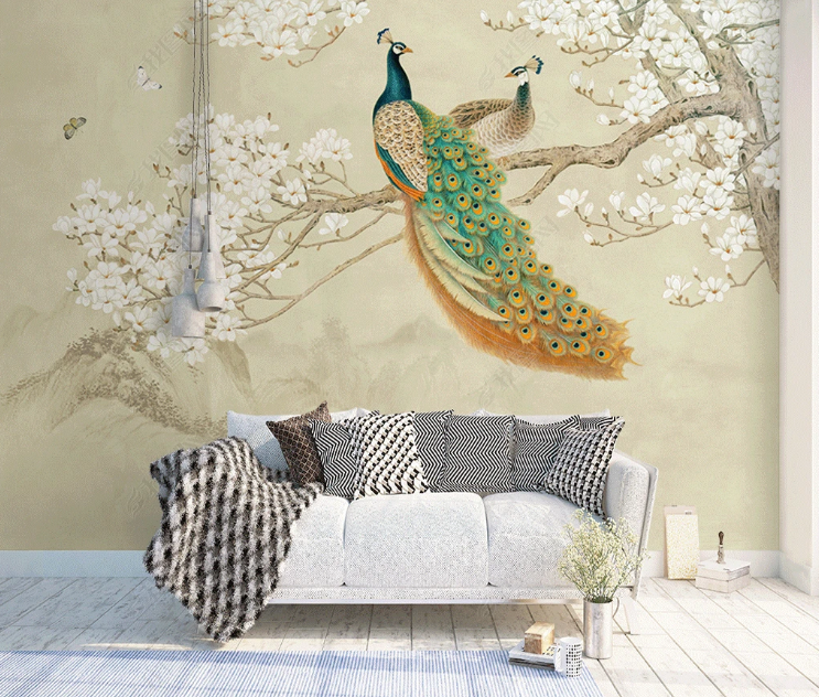 3D Animal Peacock Magnolia Flower Butterfly Wall Mural Wallpaper YXL 1344