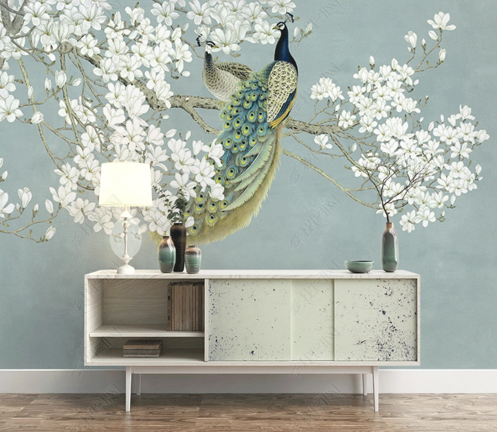 3D Animal Peacock Magnolia Flower Wall Mural Wallpaper YXL 1347
