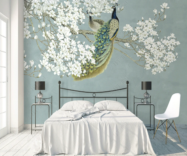 3D Animal Peacock Magnolia Flower Wall Mural Wallpaper YXL 1347