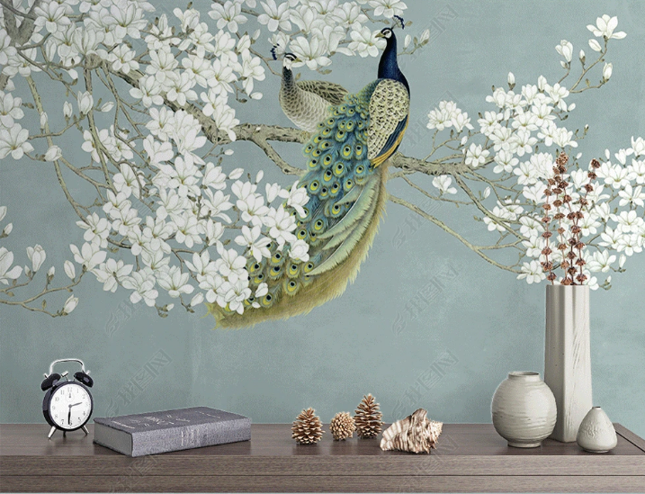 3D Animal Peacock Magnolia Flower Wall Mural Wallpaper YXL 1347