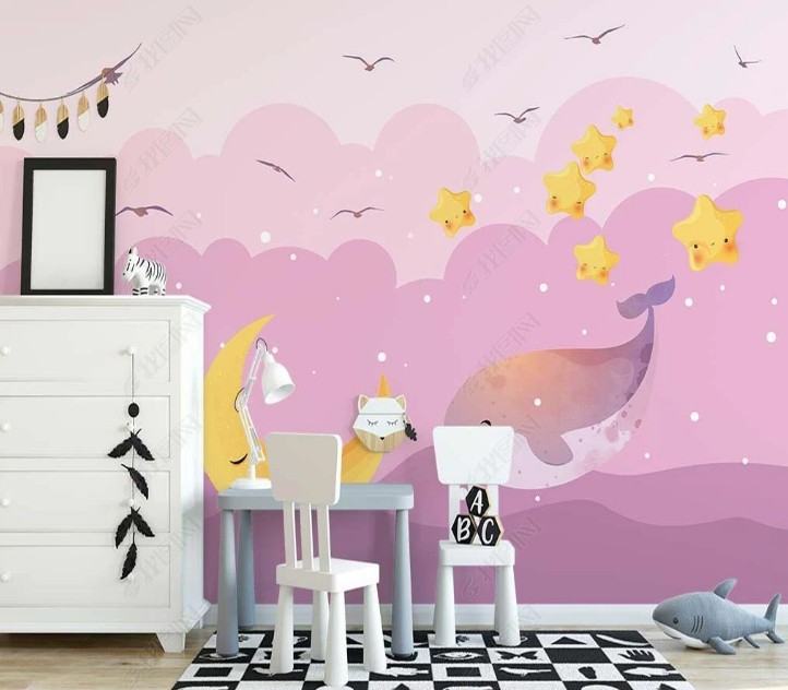 3D Cartoon Bird Whale Moon Ocean Wall Mural Wallpaper YXL 1391