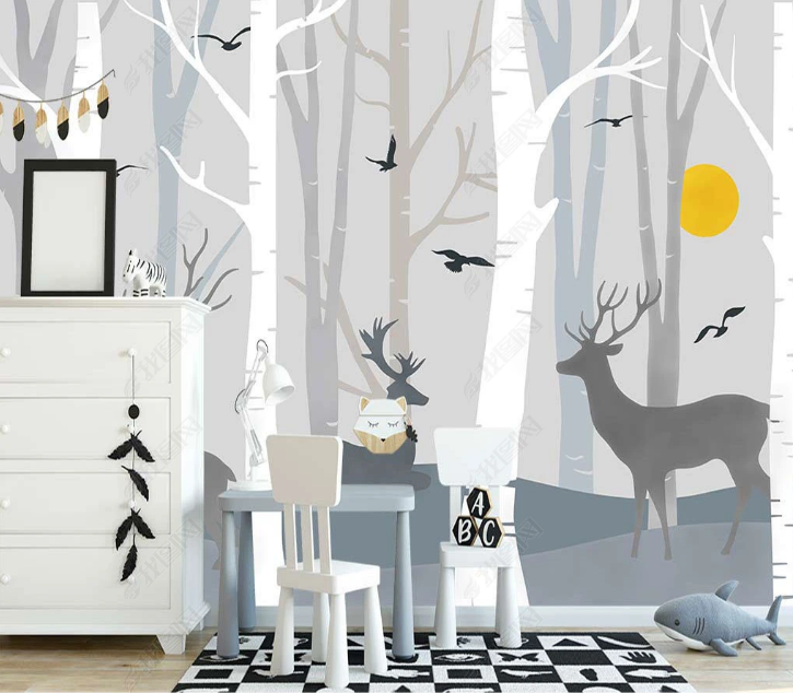 3D Cartoon Elk Forest Bird Sun Trunk Wall Mural Wallpaper YXL 1392
