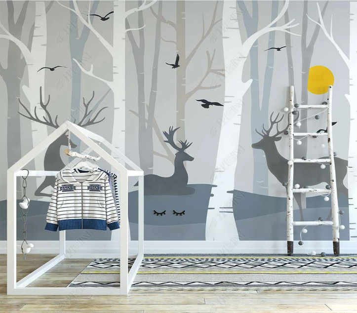 3D Cartoon Elk Forest Bird Sun Trunk Wall Mural Wallpaper YXL 1392