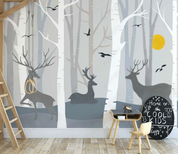 3D Cartoon Elk Forest Bird Sun Trunk Wall Mural Wallpaper YXL 1392