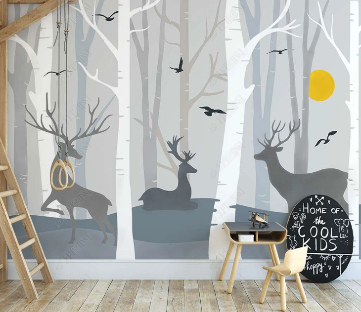 3D Cartoon Elk Forest Bird Sun Trunk Wall Mural Wallpaper YXL 1392