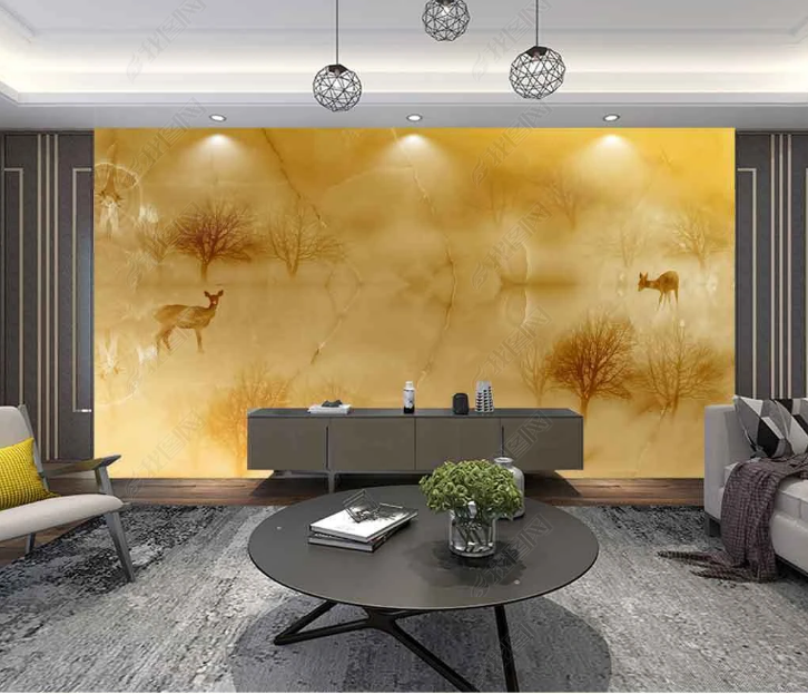 3D Marbling Deer Forest Golden Wall Mural Wallpaper YXL 1424