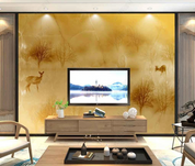 3D Marbling Deer Forest Golden Wall Mural Wallpaper YXL 1424