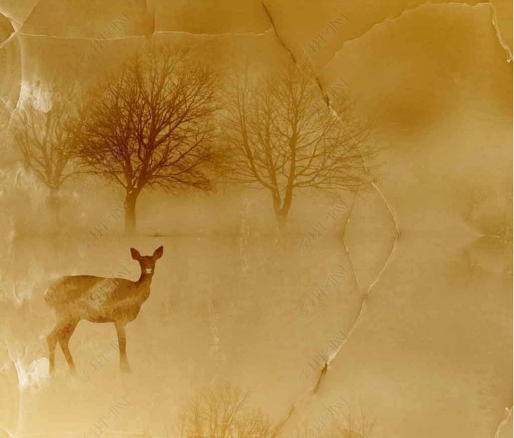 3D Marbling Deer Forest Golden Wall Mural Wallpaper YXL 1424