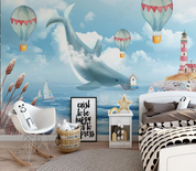 3D Cartoon Whale Hydrogen Balloon Cloud Wall Mural Wallpaper YXL 1431