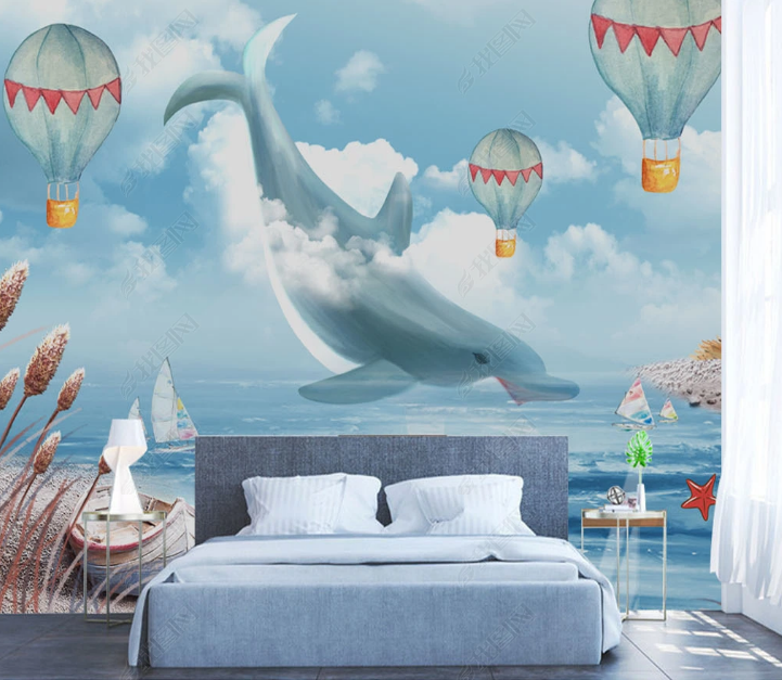3D Cartoon Whale Hydrogen Balloon Cloud Wall Mural Wallpaper YXL 1431