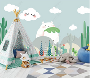 3D Cartoon Cloud Little Bear Cactus Wall Mural Wallpaper YXL 1434