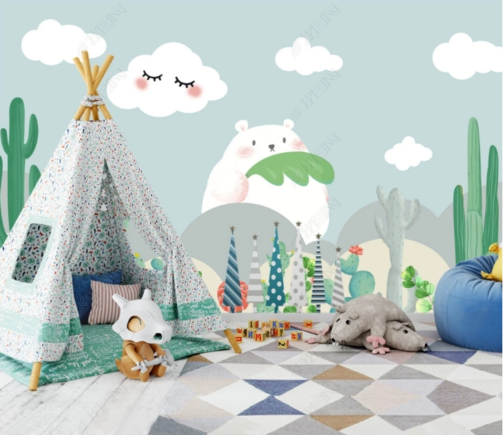3D Cartoon Cloud Little Bear Cactus Wall Mural Wallpaper YXL 1434