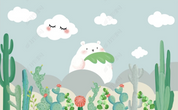 3D Cartoon Cloud Little Bear Cactus Wall Mural Wallpaper YXL 1434