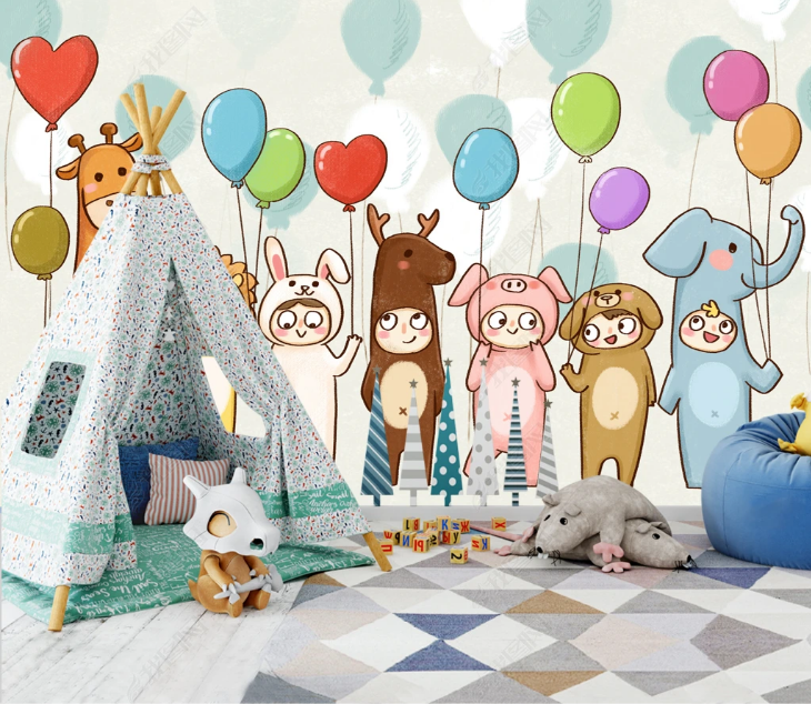 3D Cartoon Balloon Rabbit Giraffe Elephant Wall Mural Wallpaper YXL 1443