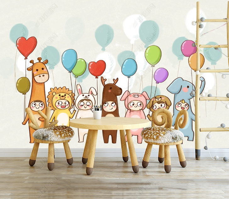 3D Cartoon Balloon Rabbit Giraffe Elephant Wall Mural Wallpaper YXL 1443