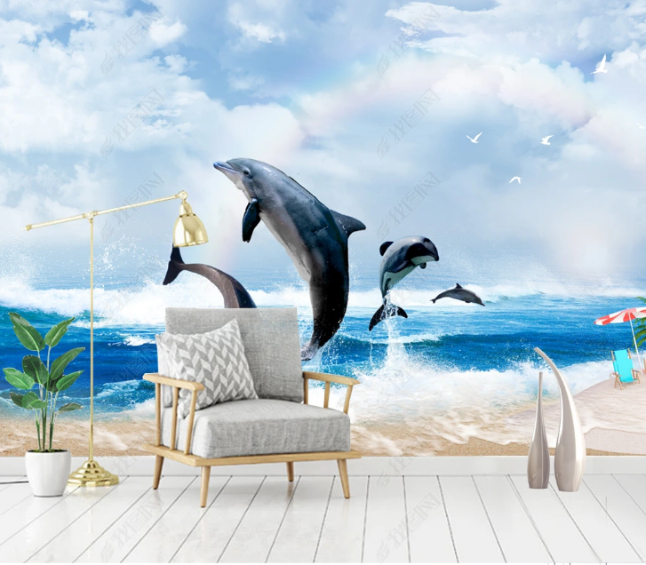 3D Animal Dolphin Ocean Sea Mew Sandbeach Wall Mural Wallpaper YXL 1445