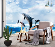 3D Animal Dolphin Ocean Sea Mew Sandbeach Wall Mural Wallpaper YXL 1445