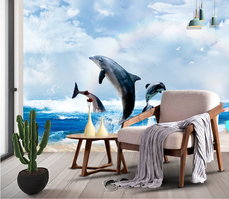 3D Animal Dolphin Ocean Sea Mew Sandbeach Wall Mural Wallpaper YXL 1445