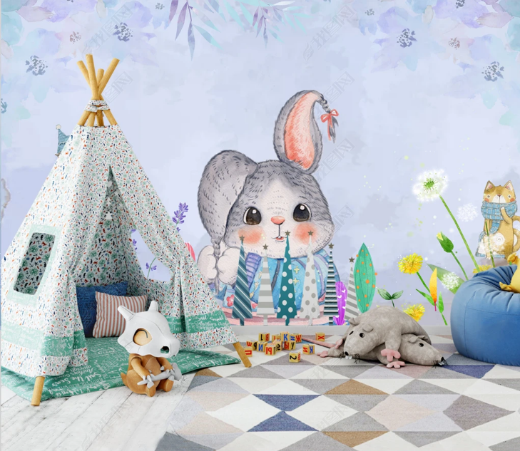 3D Animal Rabbit Floral Leaf Wall Mural Wallpaper YXL 1447