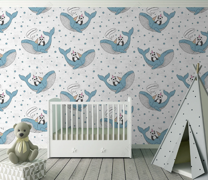 3D Cartoon Panda Whale Wave Point Wall Mural Wallpaper YXL 1489