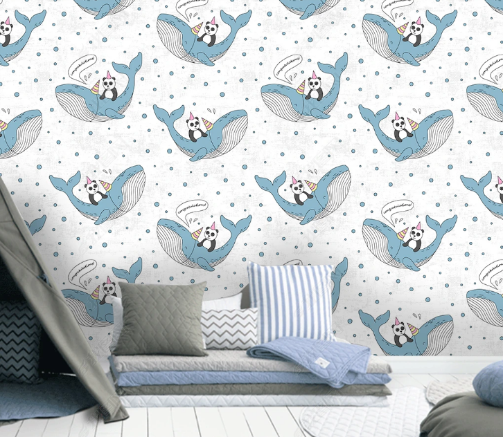 3D Cartoon Panda Whale Wave Point Wall Mural Wallpaper YXL 1489