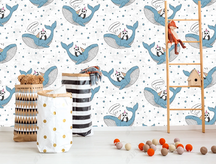 3D Cartoon Panda Whale Wave Point Wall Mural Wallpaper YXL 1489