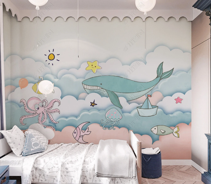 3D Animal Whale Fish Octopus Ocean Wall Mural Wallpaper YXL 1569