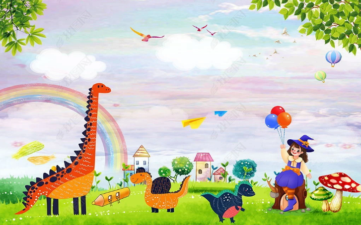 3D Animal Deer Bird Rainbow Balloon Wall Mural Wallpaper YXL 1645