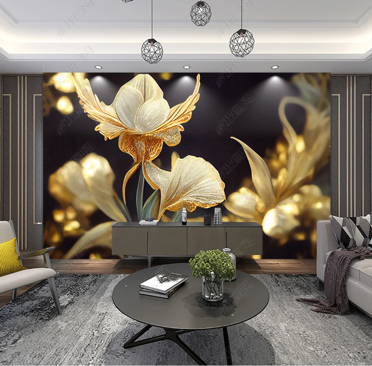 3D Flowers Flowers Golden Leaf Wall Mural Wallpaper YXL 1651