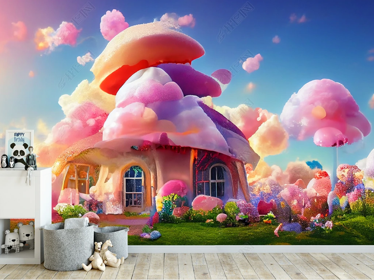 3D Freehand Sketching Mushroom House Grassland Wall Mural Wallpaper YXL 1657