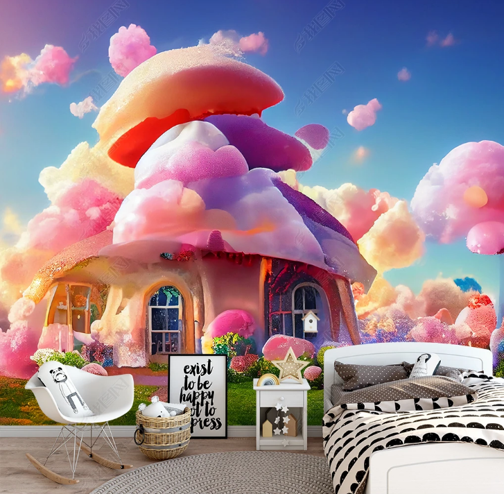 3D Freehand Sketching Mushroom House Grassland Wall Mural Wallpaper YXL 1657