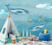 3D Animal Fish Cloud Blue Wall Mural Wallpaper YXL 1669