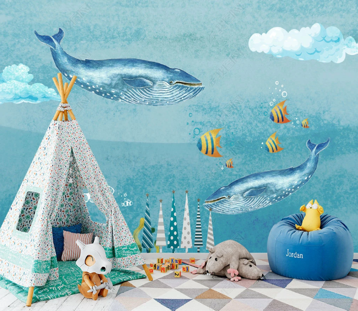 3D Animal Fish Cloud Blue Wall Mural Wallpaper YXL 1669