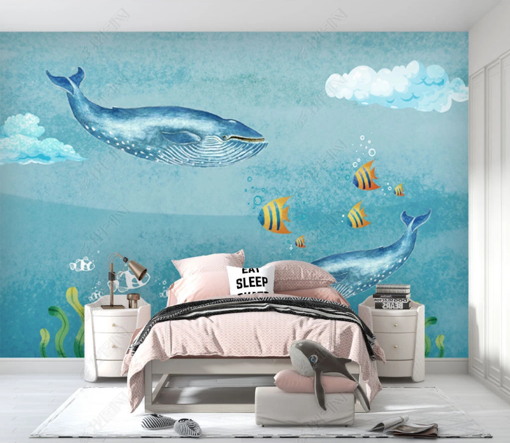 3D Animal Fish Cloud Blue Wall Mural Wallpaper YXL 1669