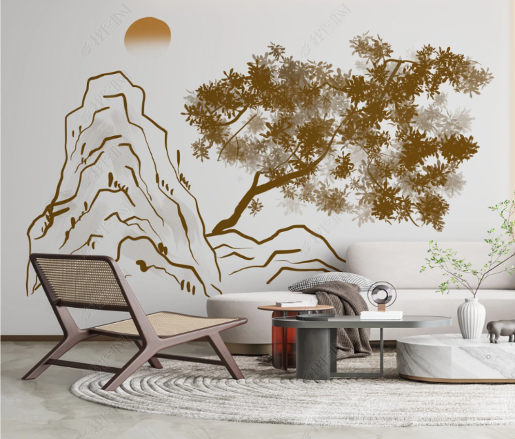 3D Freehand Sketching Tree Mountain Sunrise Wall Mural Wallpaper YXL 89- Jess Art Decoration