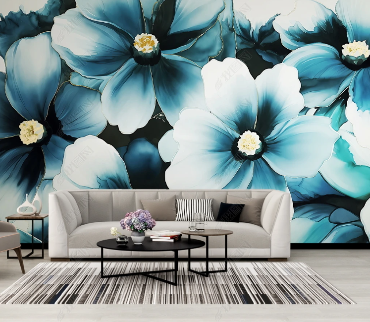 3D Watercolour Floral Plant Dark Blue Wall Mural Wallpaper YXL 124- Jess Art Decoration